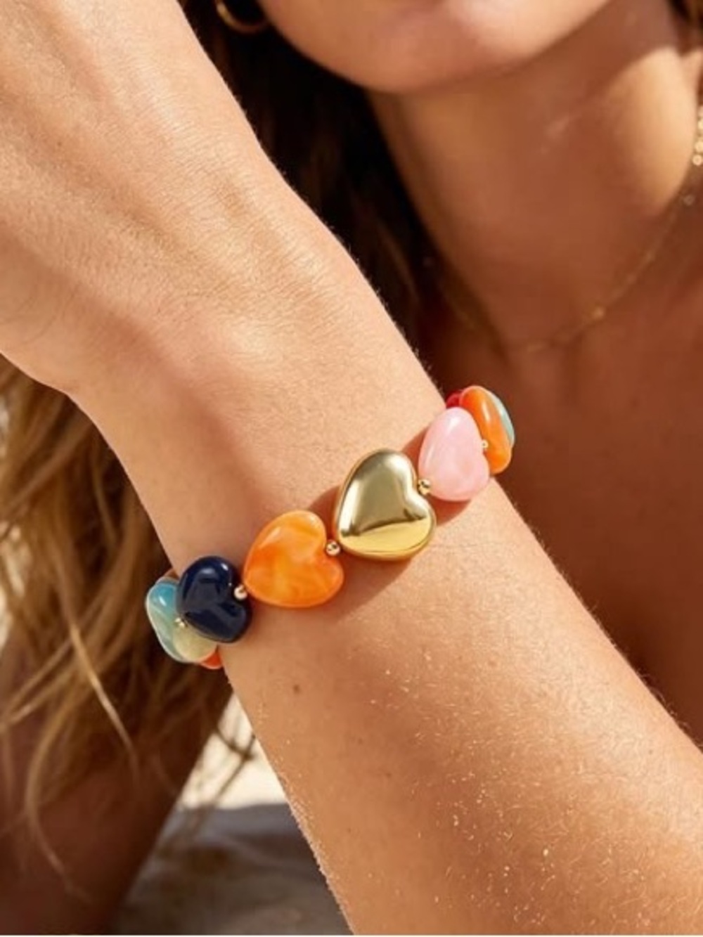 Anthropologie Multicolor Heart Bead Bracelet with Gold Tone Heart - Picture 4 of 4